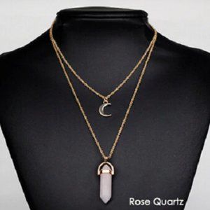 Gold Tone Rose Quartz Healing Crystal Necklace